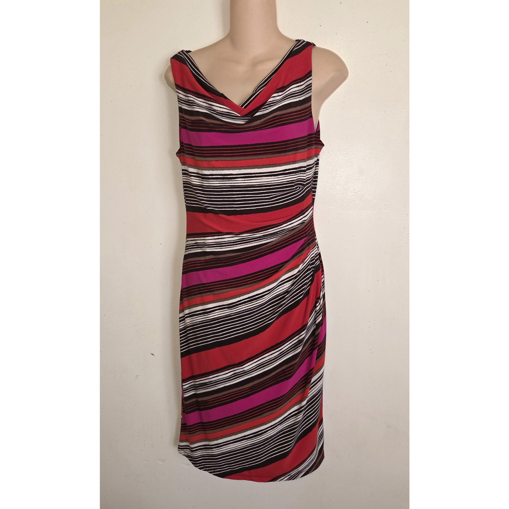 Anne Klein Sheath Dress Womens 6 Striped Draped Cowl Sleeveless Bold Print Party - Picture 1 of 16